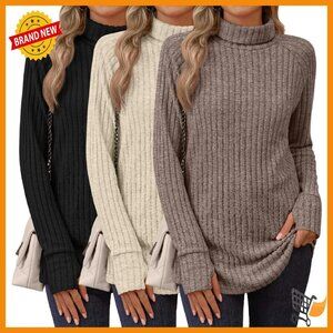 Women's Turtleneck Long Sleeve Tunic Sweater Thumbhole Raglan Loose Fit
